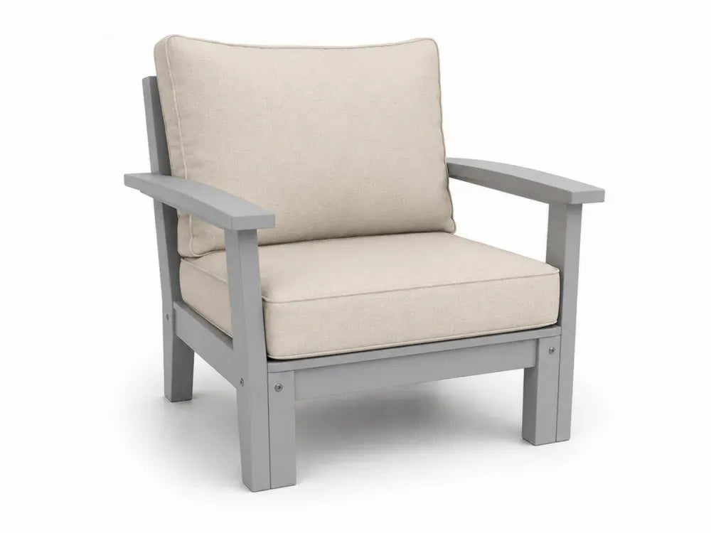Gartensessel mit Armlehnen und Auflagen 78 x 82 x 85 cm HDPE Kunststoff Polyesterkissen rechteckig grau beige silberfarben