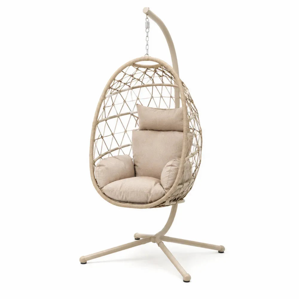 Hängesessel mit Gestell und Kissen PE-Rattan Stahlgestell Eiform Beige Silberfarben 105 x 105 x 198 cm