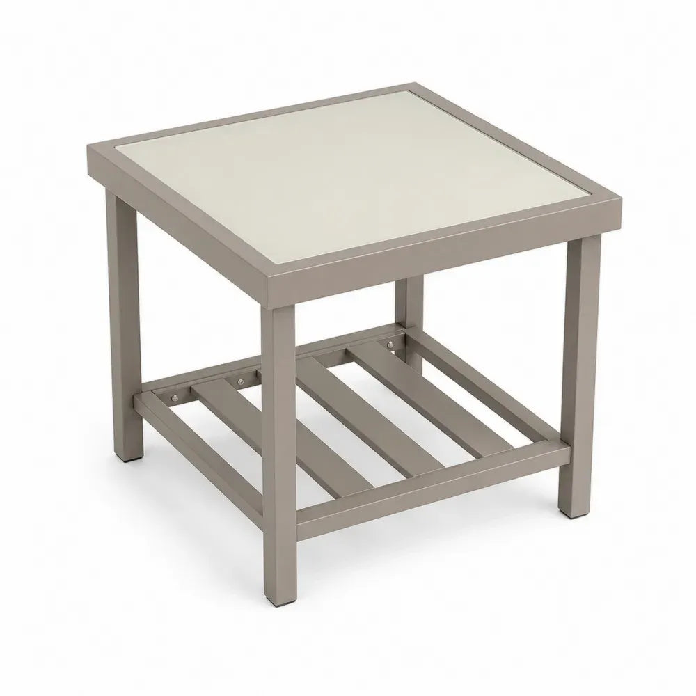 Gartentisch Beistelltisch 50 x 50 x 50 cm aus pulverbeschichtetem Aluminium und gehärtetem Glas quadratisch Taupe Cremeweiß mit Ablageboden