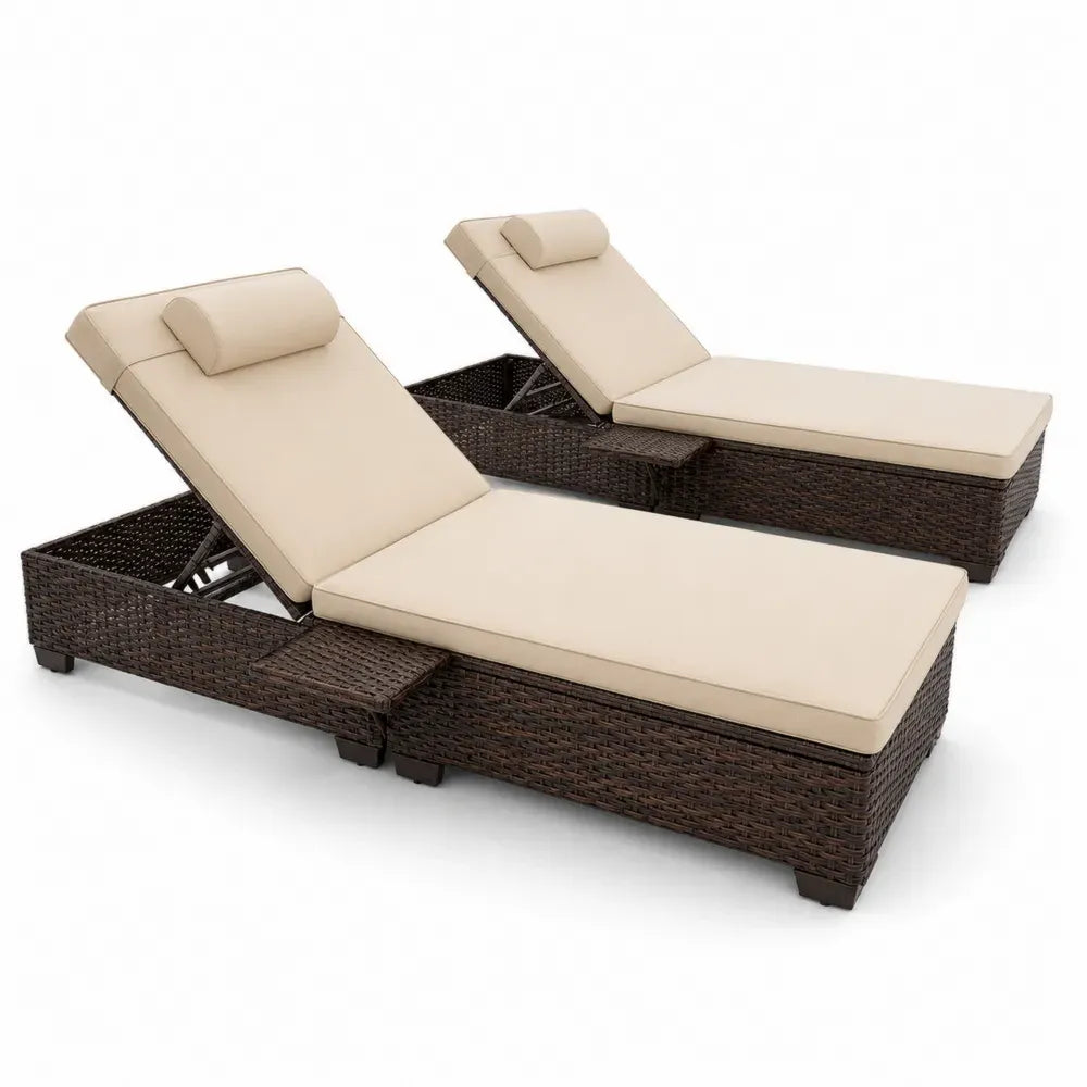 2er Set Sonnenliegen verstellbar mit Auflagen Nackenkissen und Ablage aus PE-Rattan und Stahl Dunkelbraun Beige Schwarz je 200 x 65 x 95 cm