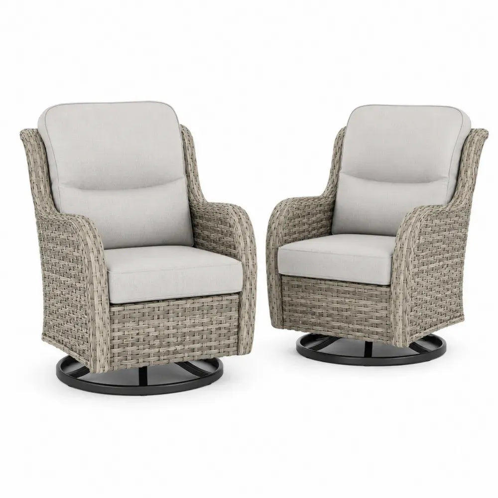 2er Set drehbare Gartensessel mit Kissen Loungesessel PE Rattan Stahl Polyester Sandgrau Hellgrau Schwarz 82 x 78 x 93 cm