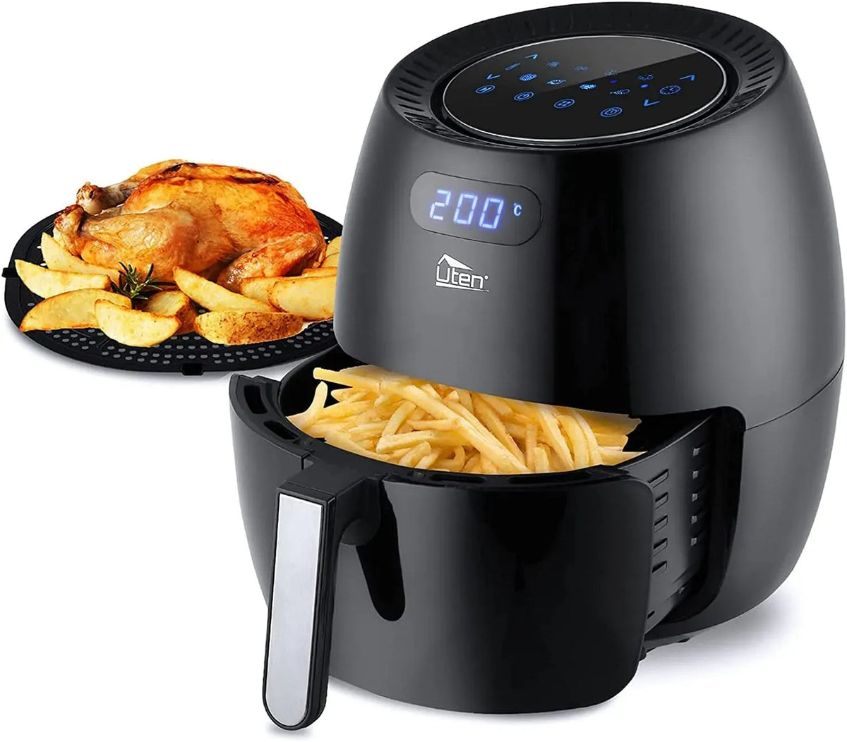 Heißluftfritteuse, 6.5 L, 1800 W, Touch-Bedienung, Warmhaltefunktion, Antihaftbeschichtung, Antihaft-Bratkorb, Uten 6, 8 programmens