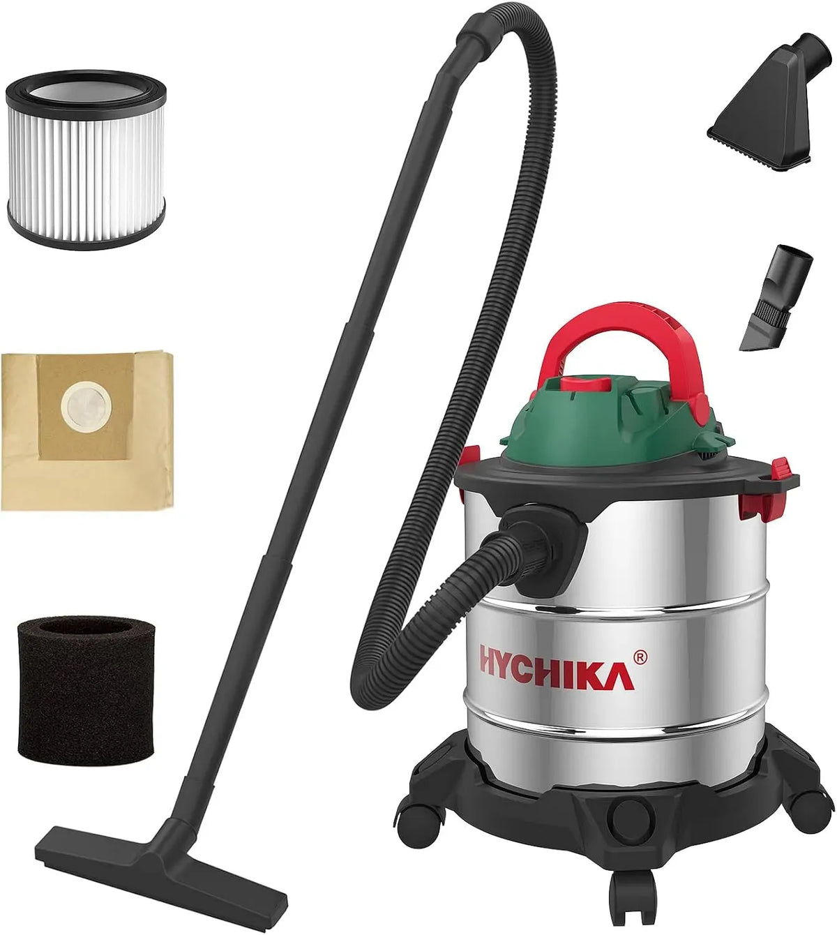 Staubsauger, 20 L, 1200 W, HYCHIKA, Edelstahl, HEPA-Filter und Zubehör ideal für Industrie und Haushalt