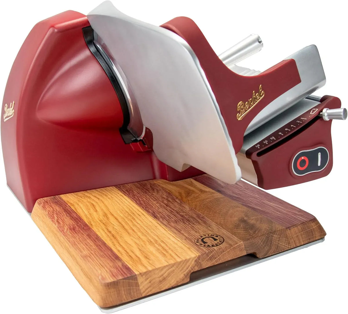 Design-Schneidemaschine, Aufschnittmaschine, Eichenholzbrett, Rot, für Prosciutto