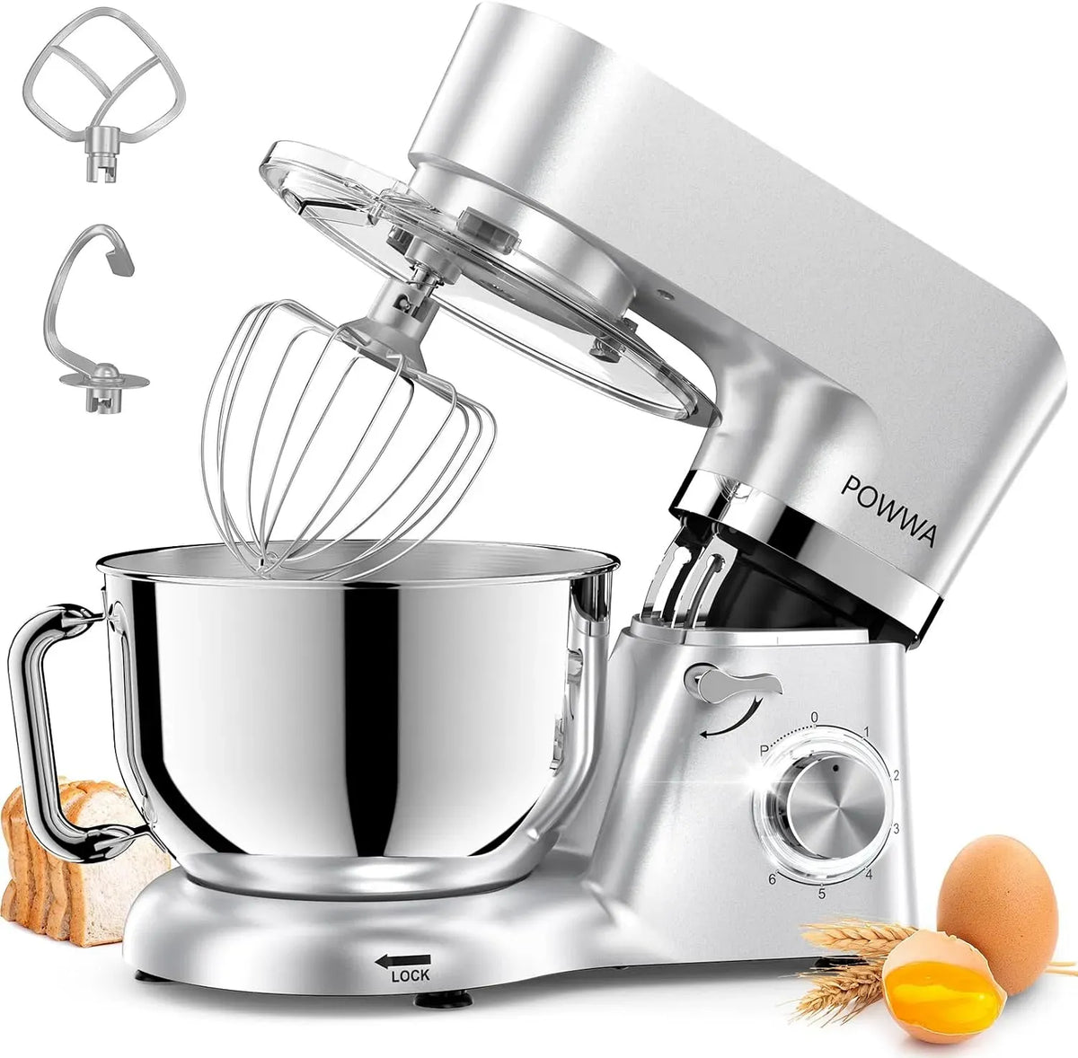 Küchenmaschine POWWA, 6,2 L, 1500 W, Rührmaschine Knetmaschine, 1 Geschwindigkeit Teigmaschine, 1500W Teigknetmaschine mit Schneebesen