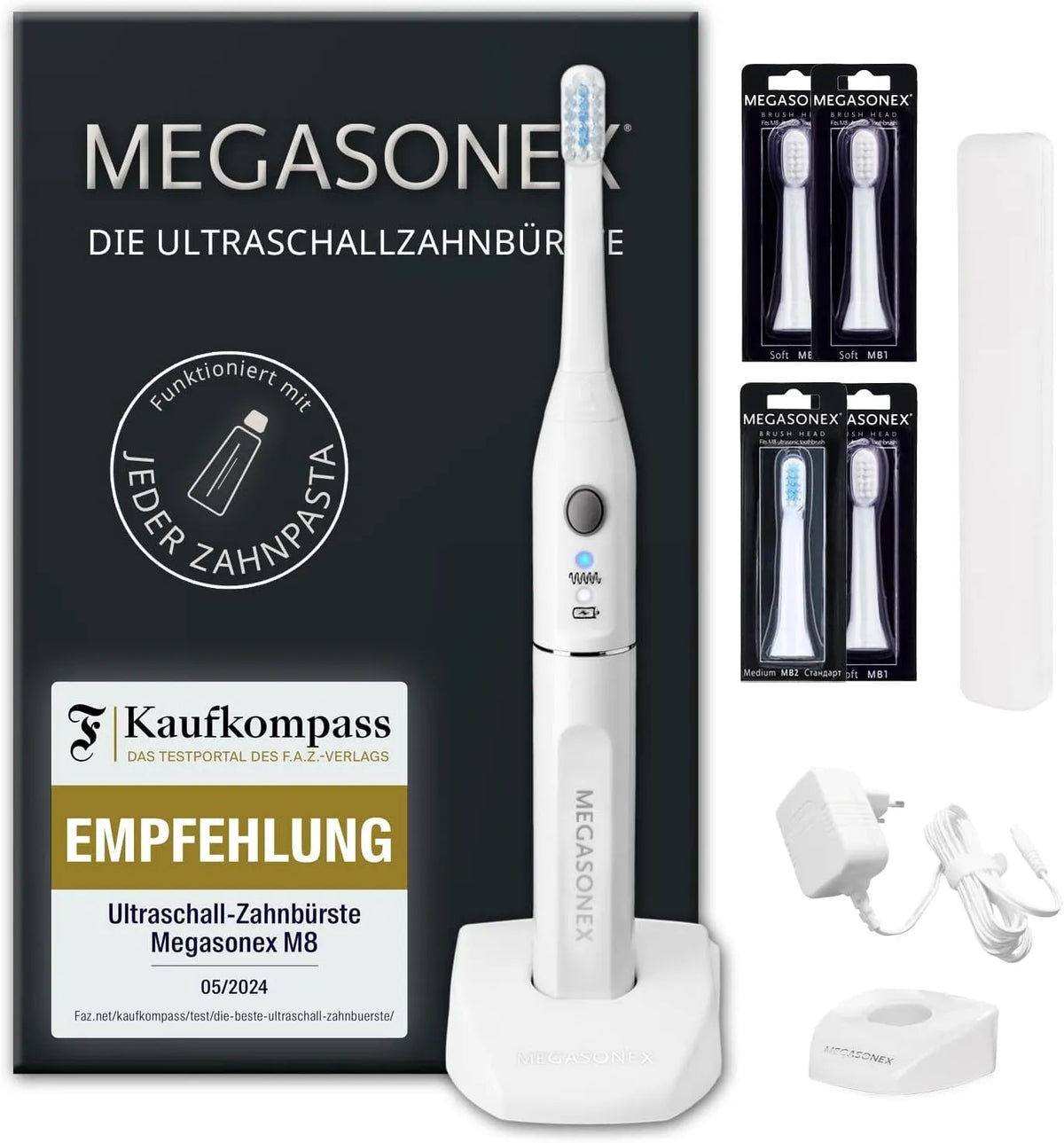 Ultraschall-Zahnbürste, Weiß, MEGASONEX, Mit 2 Vibrations-Stufen