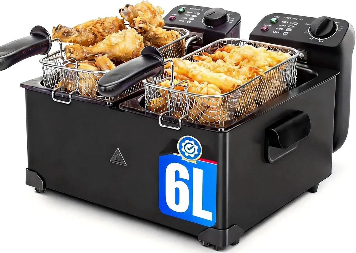 Friteuse mit Fett 2x3L, Schwarz, Edelstahl Doppelfriteuse 3600W