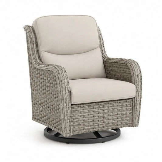 Garten Drehsessel mit Armlehnen aus PE-Rattan mit Polyesterkissen und Stahl-Drehgestell Graubeige Beige Schwarz 74 x 82 x 98 cm
