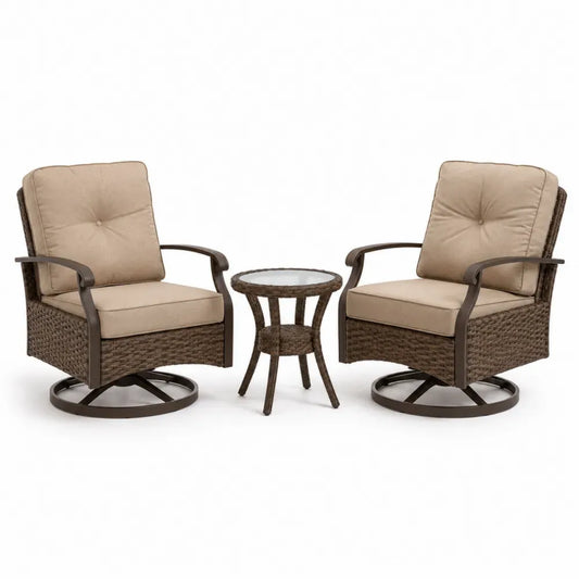 3-teiliges Garten-Sitzgruppe Set mit 2 Drehsesseln 75 x 78 x 92 cm und Beistelltisch Ø 45 x 50 cm PE-Rattan Polyesterkissen gehärtetes Glas Braun Beige Dunkelbraun Transparent