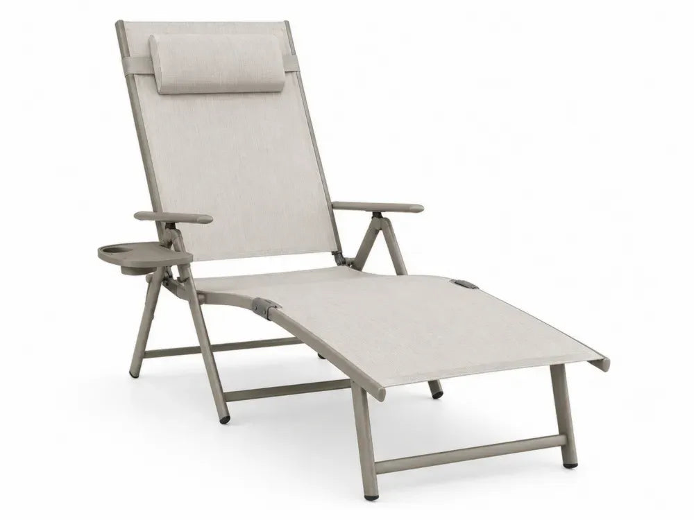 Gartenliege mit Armlehnen Seitentablett und Kopfkissen verstellbar 165 x 68 x 103 cm Textilene Aluminiumrohr Beige Taupe Schwarz