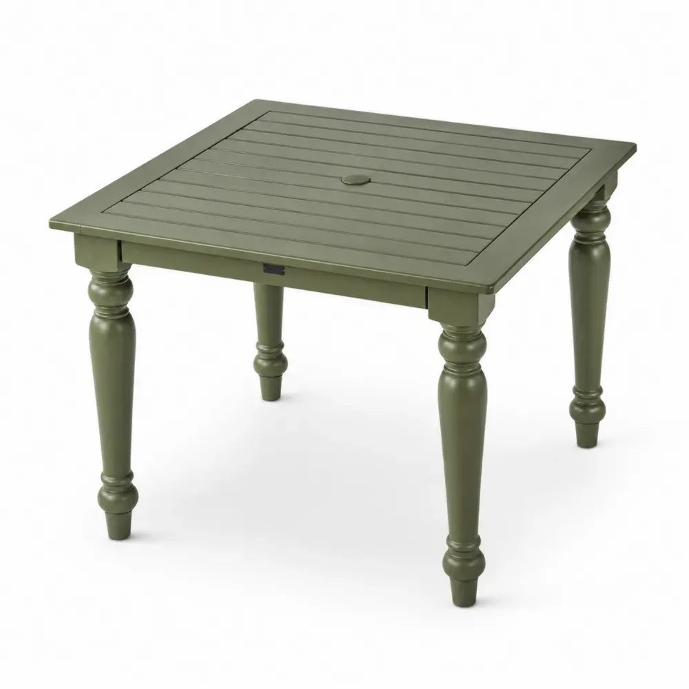 Gartentisch Esstisch 100 x 100 x 75 cm aus Akazienholz quadratisch Olivgrün mit Lamellentischplatte Sonnenschirmöffnung und gedrechselten Beinen