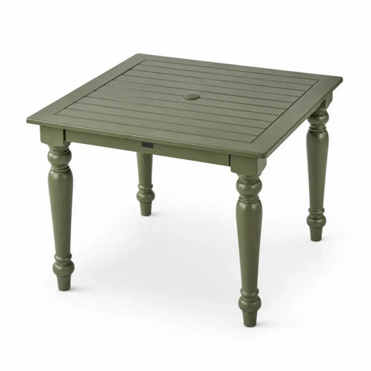 Gartentisch Esstisch 100 x 100 x 75 cm aus Akazienholz quadratisch Olivgrün mit Lamellentischplatte Sonnenschirmöffnung und gedrechselten Beinen