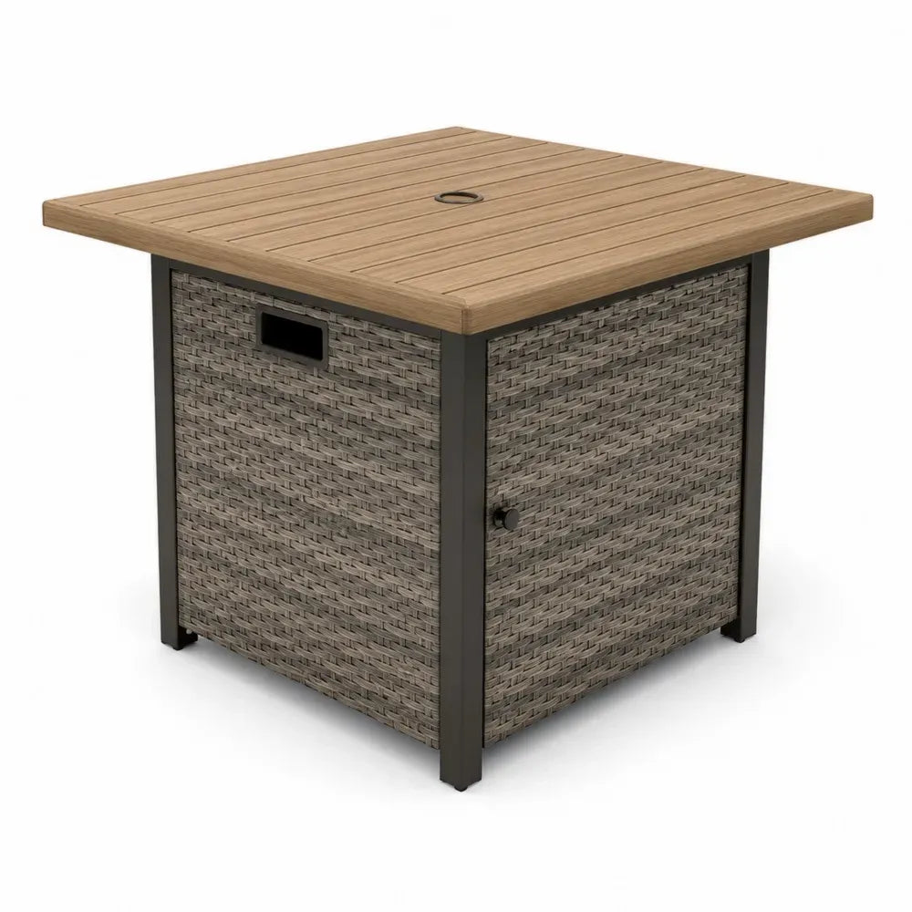 Gartentisch Beistelltisch 80 x 80 x 74 cm aus Akazienholz PE Rattan und pulverbeschichtetem Stahl quadratisch Naturfarben Grau Schwarz mit Stauraum