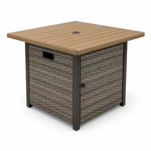 Gartentisch Beistelltisch 80 x 80 x 74 cm aus Akazienholz PE Rattan und pulverbeschichtetem Stahl quadratisch Naturfarben Grau Schwarz mit Stauraum