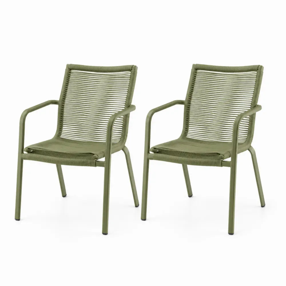 2er Set Gartenstühle mit Armlehnen Stahlrohr Polyesterseil Sitzfläche Rückenlehne Salbeigrün Schwarz je 56 x 62 x 88 cm