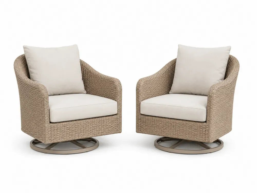 2er Set drehbare Gartensessel mit Kissen 76 x 78 x 88 cm PE Rattangeflecht Polyester Stahlrahmen rund natur creme taupe