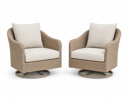 2er Set drehbare Gartensessel mit Kissen 76 x 78 x 88 cm PE Rattangeflecht Polyester Stahlrahmen rund natur creme taupe