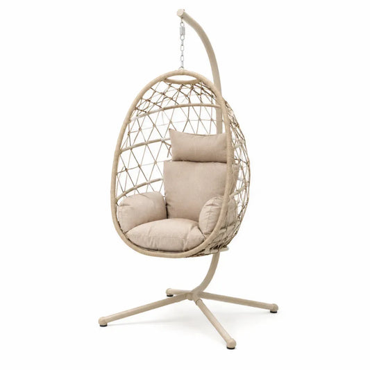Hängesessel mit Gestell und Kissen PE-Rattan Stahlgestell Eiform Beige Silberfarben 105 x 105 x 198 cm