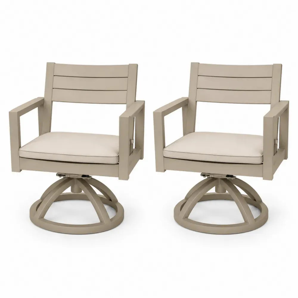 Gartenstuhl 2er Set drehbar mit Armlehnen und Sitzkissen 63 x 68 x 90 cm pulverbeschichtetes Aluminium Polyester rechteckig taupe beige schwarz silberfarben