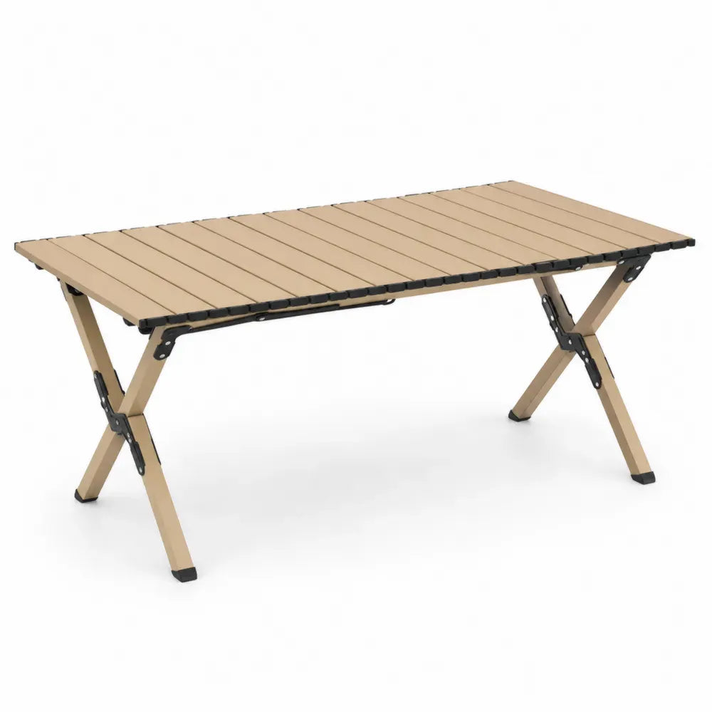 Klapptisch Gartentisch rechteckig Aluminiumlamellen klappbares X-Gestell Stahlbeschläge Beige Schwarz 120 x 60 x 70 cm