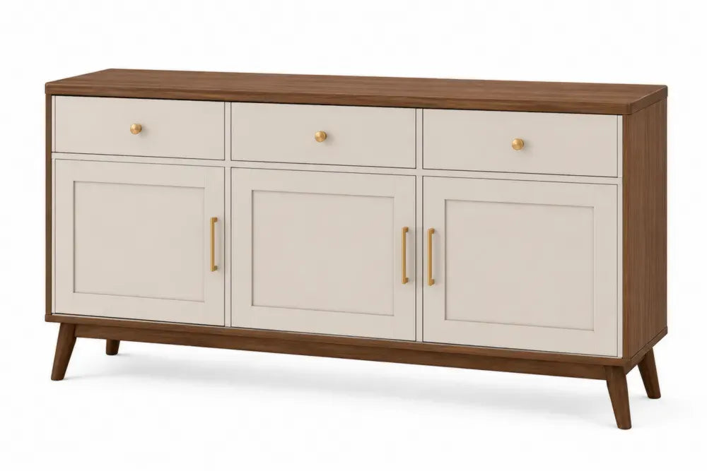 Sideboard Buffetschrank mit 3 Türen und 3 Schubladen 150 x 40 x 80 cm MDF Walnussdekor Melaminharzbeschichtung rechteckig Greige Walnussbraun Messingfarben
