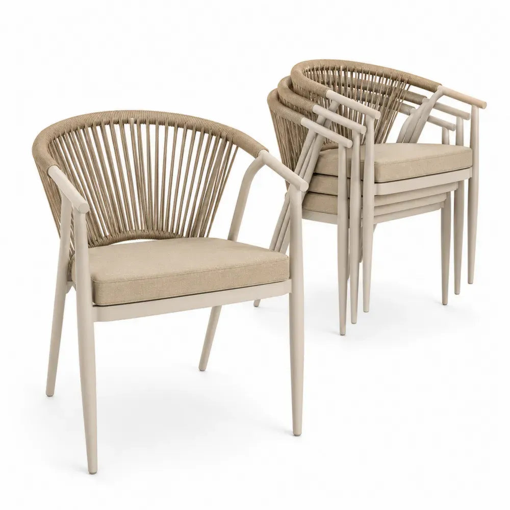 Gartenstühle 4er Set stapelbar mit Armlehnen und Sitzkissen aus Aluminium und Polyesterseil Beige Taupe 58 x 62 x 78 cm