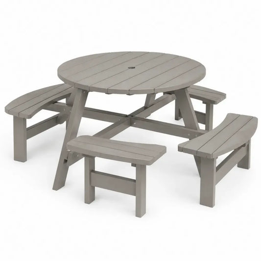 Runder Picknicktisch Gartentisch mit 4 integrierten Bänken HDPE-Lamellen Sonnenschirmloch Taupegrau 180 x 180 x 75 cm