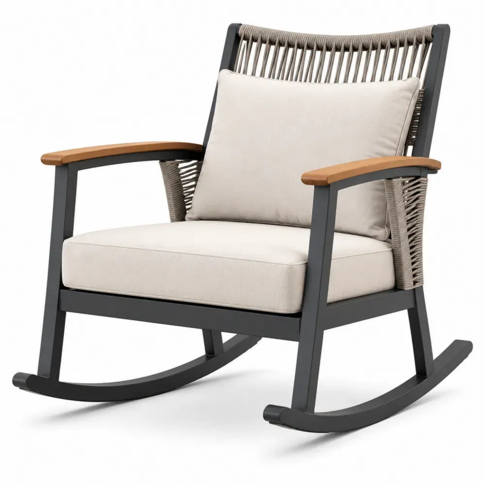 Garten Schaukelstuhl mit Armlehnen und Polstern rechteckige Sitzfläche Stahl Polyesterseil Akazienholz Beige Schwarz Braun Taupe 78 x 92 x 90 cm