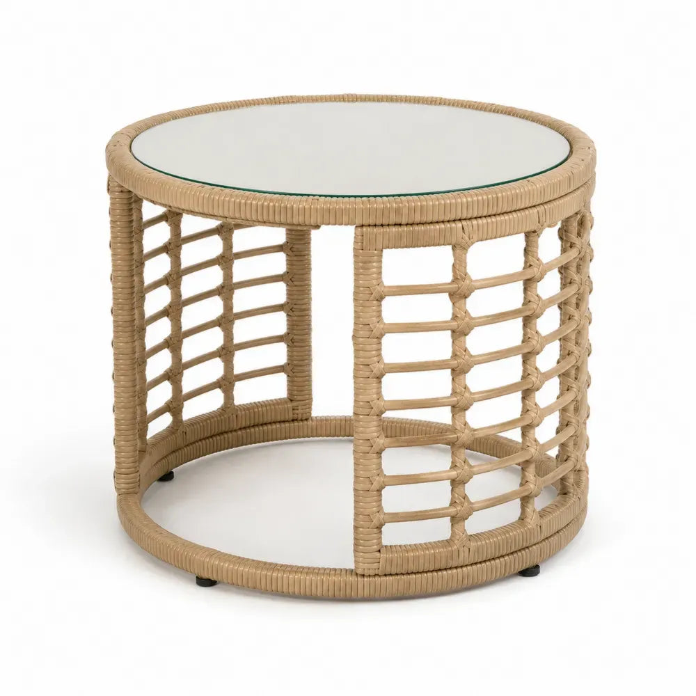 Gartentisch Beistelltisch rund PE-Rattan Stahlrahmen gehärtetes Glas Zylinderform Natur Transparent Schwarz 60 x 60 x 50 cm