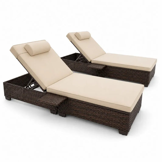 2er Set Sonnenliegen verstellbar mit Auflagen Nackenkissen und Ablage aus PE-Rattan und Stahl Dunkelbraun Beige Schwarz je 200 x 65 x 95 cm