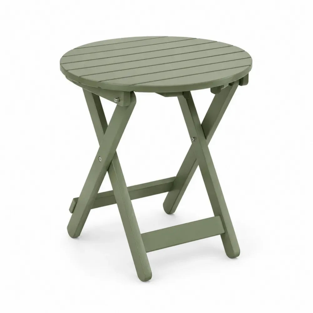 Gartentisch Klapptisch rund Ø 70 cm Höhe 74 cm massives Akazienholz Lamellentischplatte X Gestell olivgrün silberfarben