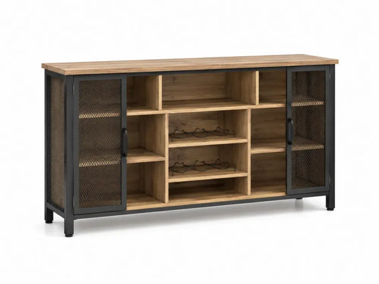 Sideboard Buffetschrank mit Weinregal und 2 Gittertüren 140 x 40 x 80 cm MDF Eichenholzdekor pulverbeschichteter Stahl rechteckig Natur Schwarz