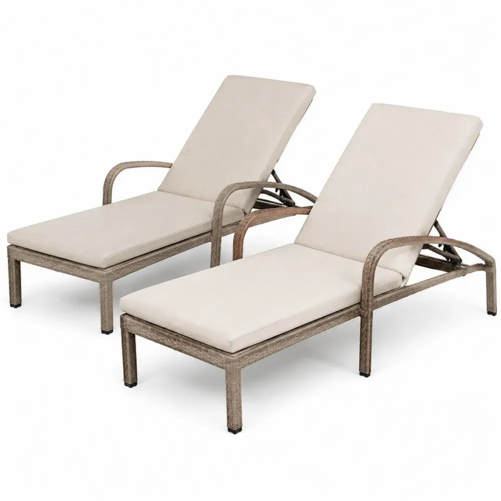 2er Set Gartenliegen mit Armlehnen verstellbar aus PE-Rattan Stahl und Polyesterauflagen Beige Graubraun Schwarz 195 x 70 x 85 cm