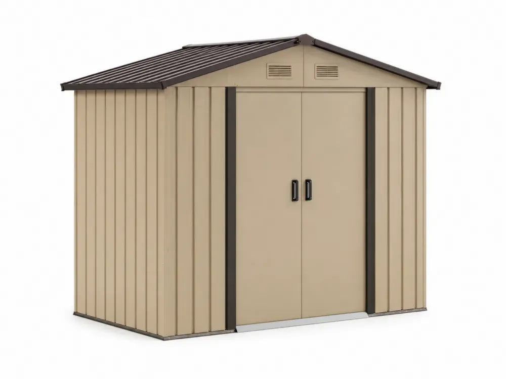 Gerätehaus Gartenschuppen mit Doppelschiebetür Satteldach verzinktes Stahlblech Beige Dunkelbraun Schwarz 213 x 191 x 198 cm