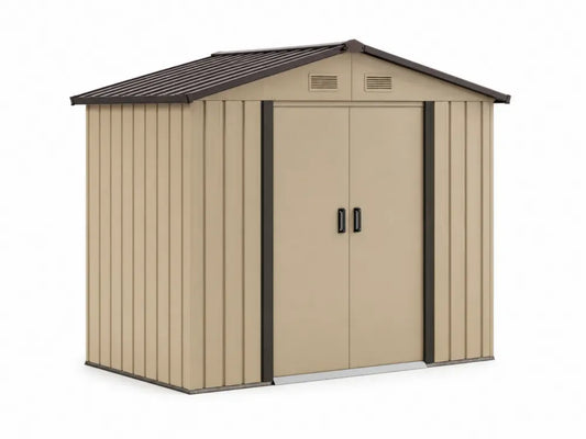 Gerätehaus Gartenschuppen mit Doppelschiebetür Satteldach verzinktes Stahlblech Beige Dunkelbraun Schwarz 213 x 191 x 198 cm
