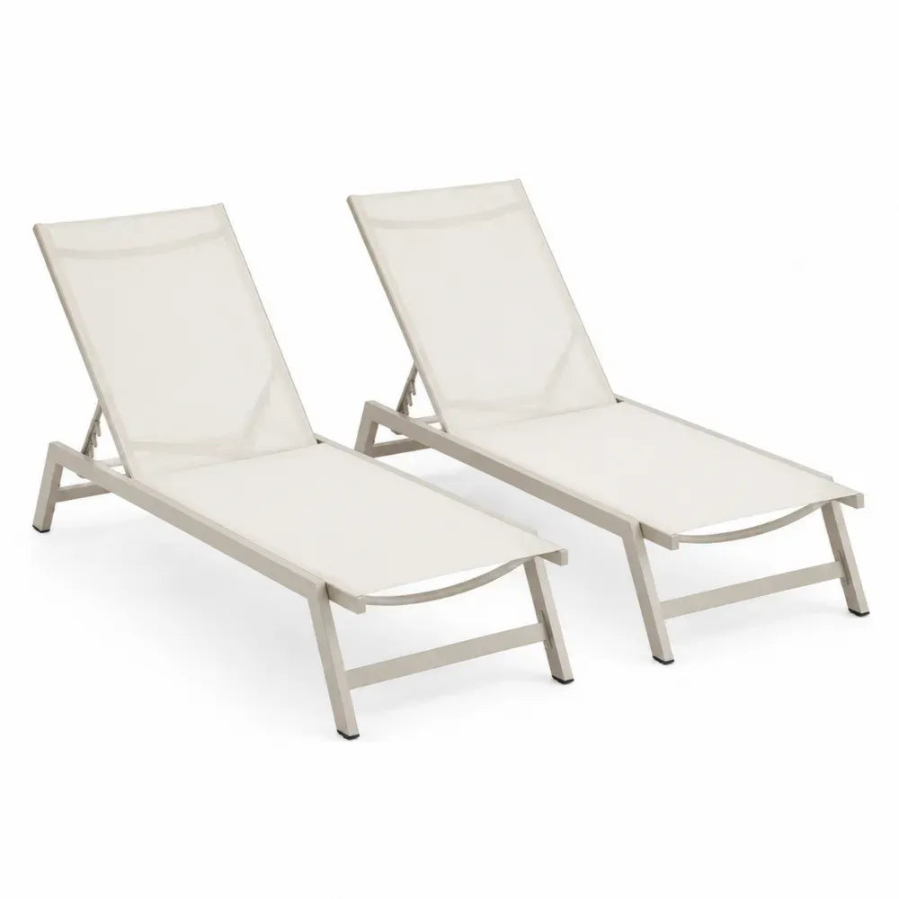 2er Set Sonnenliegen mit verstellbarer Rückenlehne aus Aluminium und Textilene Creme Elfenbein Schwarz 190 x 60 x 88 cm
