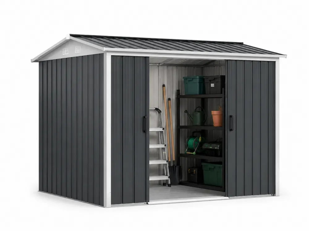 Gartenschuppen Gerätehaus mit Doppelschiebetür Satteldach verzinktes Stahlblech Anthrazit Weiß Hellgrau Schwarz 277 x 195 x 202 cm