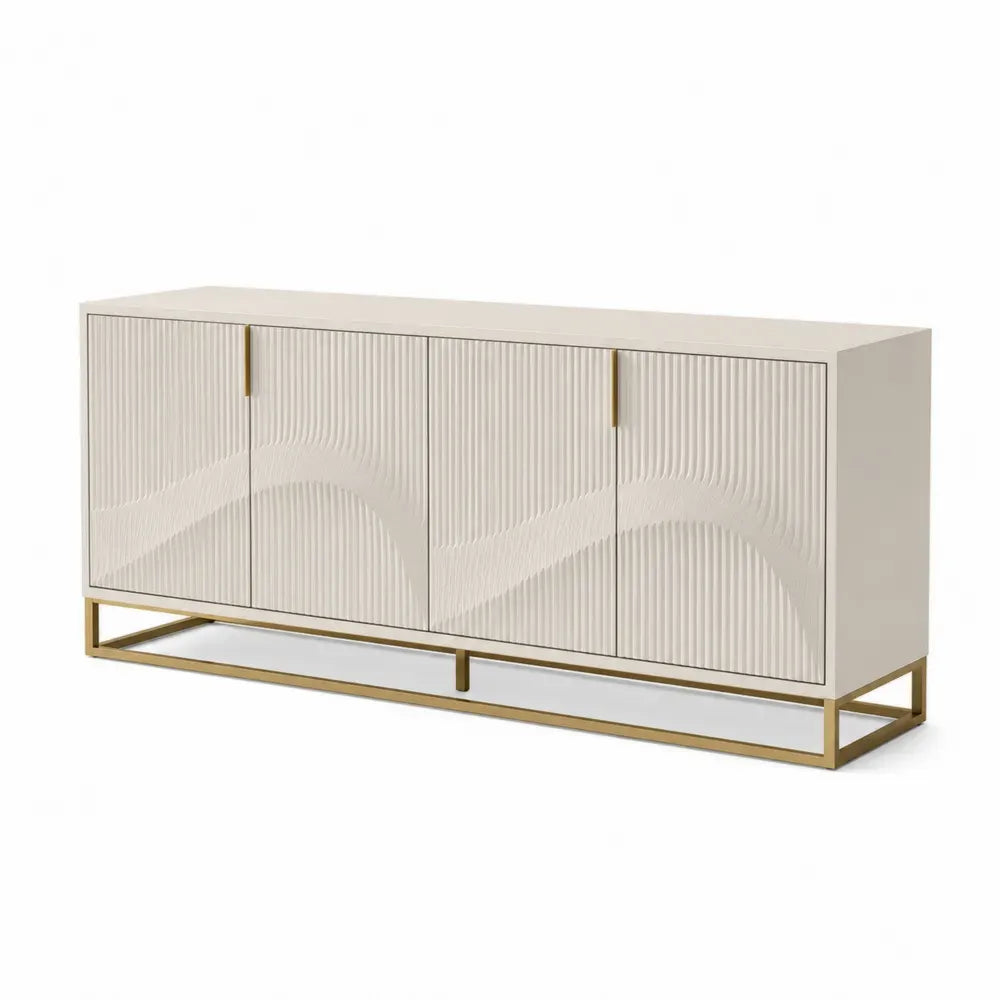 Sideboard Buffetschrank mit 4 Türen 180 x 40 x 76 cm MDF Melaminharzbeschichtung Stahlgestell rechteckig geriffelte Front Cremeweiß Goldfarben