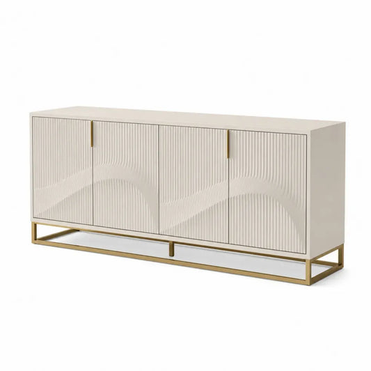 Sideboard Buffetschrank mit 4 Türen 180 x 40 x 76 cm MDF Melaminharzbeschichtung Stahlgestell rechteckig geriffelte Front Cremeweiß Goldfarben