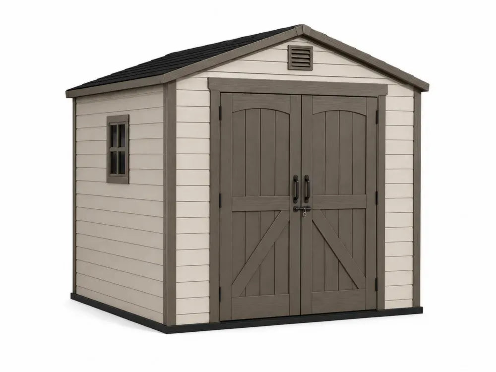 Gartenschuppen Gerätehaus mit Doppeltür Fenster Lüftung Satteldach PP Kunststoff Beige Taupe Schwarz 228 x 190 x 222 cm