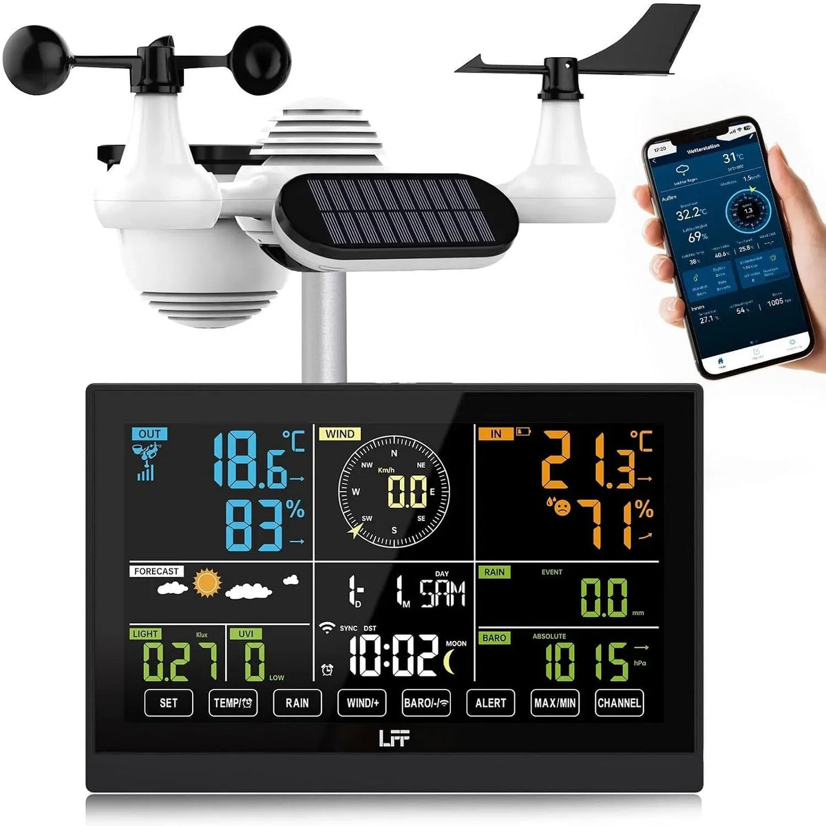 7in1Wifi Wetterstation, Außensensor, Funkwetterstation, WLAN, LFF WLAN, 7,5 Zoll
