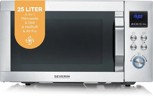 Severin MW 7918 4-in-1 Mikrowelle, 25 L, 2150 W, Grill, Timer, Edelstahl, Mikrowellenofen, Silber, 95 min Timer, Heißluft-Funktion bis 230°C