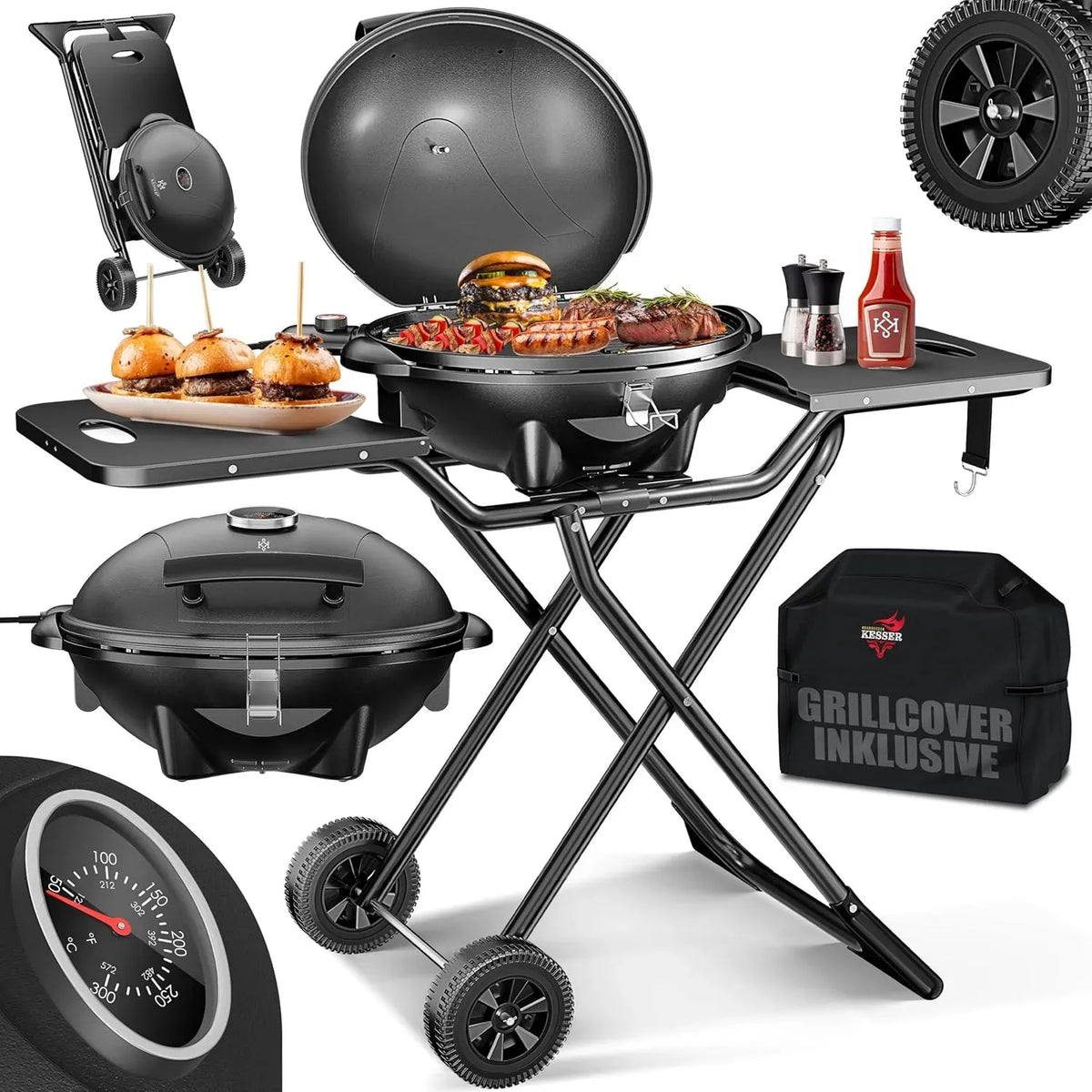 2in1 Elektrogrill, Tischgrill, Standgrill, Abdeckung, elektrischer Tischgrill, 2400 W, Thermostat, Antihaftbeschichtung, für drinnen & draußen