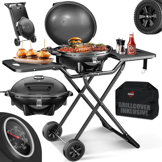 2in1 Elektrogrill, Tischgrill, Standgrill, Abdeckung, elektrischer Tischgrill, 2400 W, Thermostat, Antihaftbeschichtung, für drinnen & draußen