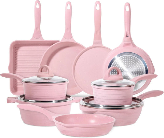 Grillpfanne, JEETEE 23-teilig, Antihaftbeschichtung, induktionsgeeignet, Antihaft Kochgeschirr Set mit Glasdeckeln