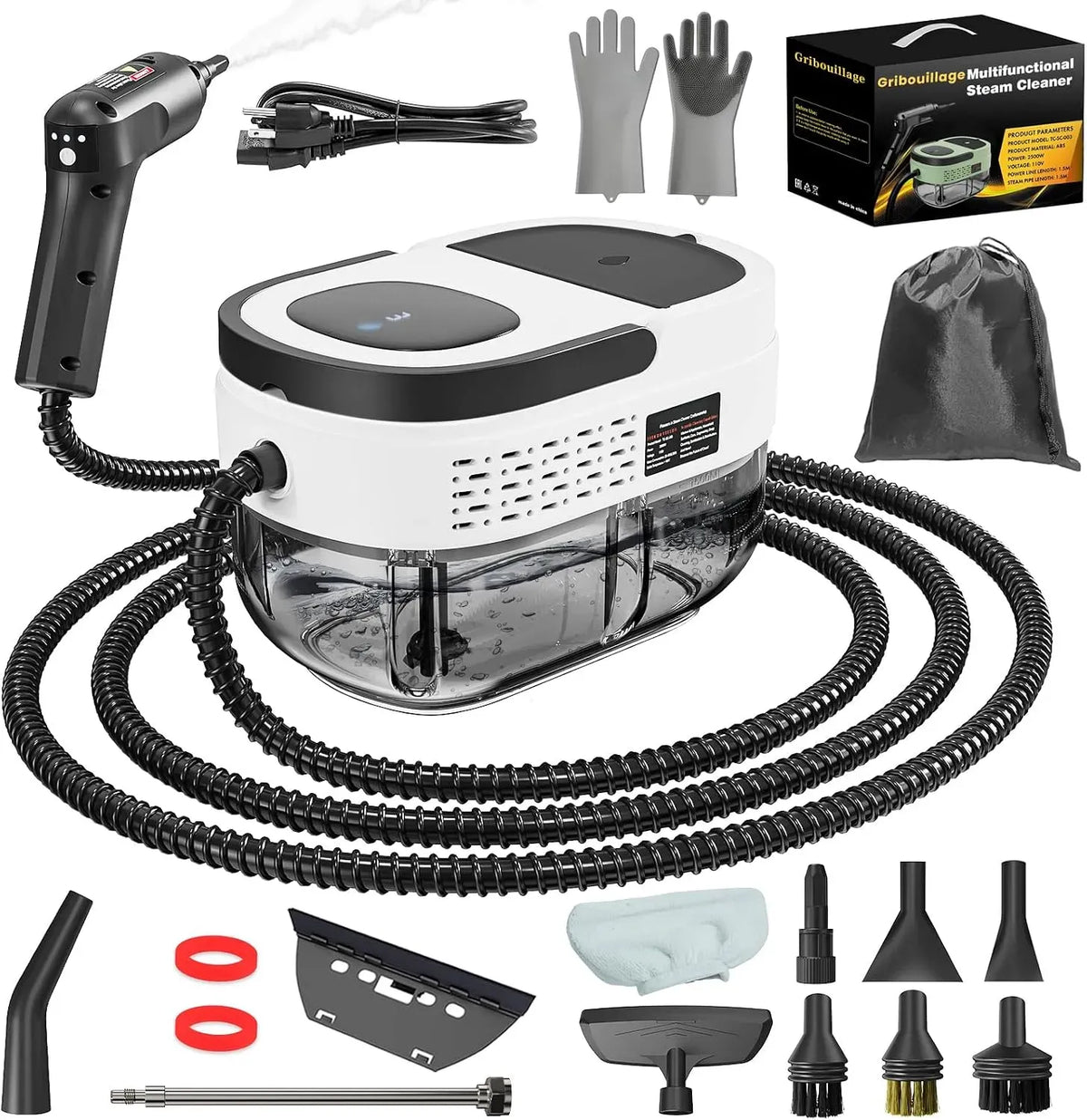 Dampfreiniger, 2500 W, großer Wassertank, Weiß, Steam Cleaner für Alles, Dampfabgabe vom Handgriff aus, 15 Sekunden Aufheizzeit, 16 Zubehörteilen