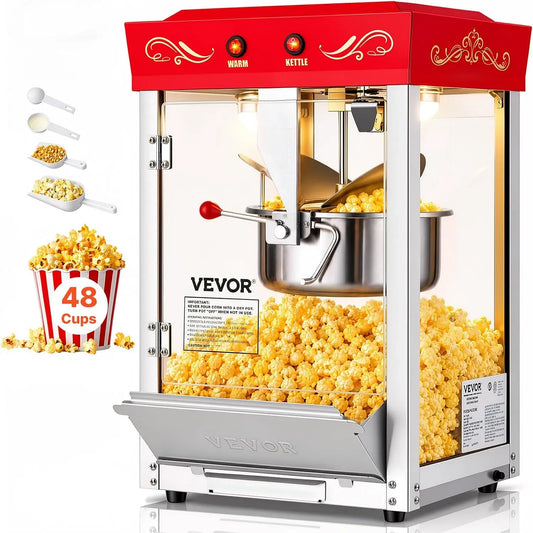 VEVOR 2-Tasten-Bedienung Popcornmaschine, Popcornmaker, 3 L, 800 W, 48 Tassen, gewerblich, Edelstahl, Rot, Glas