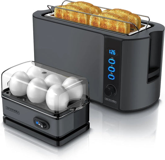 Toaster, Edelstahl, Grau, LED-Display, Eierkocher 1-6 Eier, 6 Bräunungsgrade