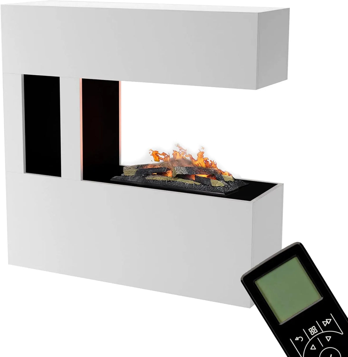 3D-Flammen Kamin, elektrischer Kamin, 120x120 cm, 3D-Optik, Dampf, Weiß, Holz, GLOW FIRE