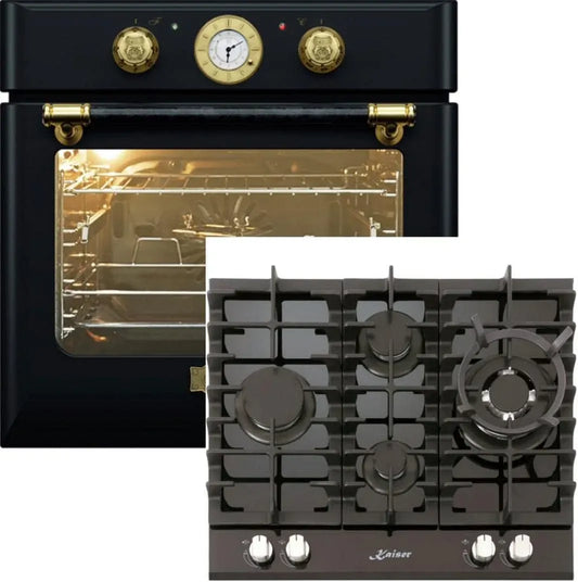 Herdset mit Kochfeld und Backofen, 60cm, 68 L, Kaiser EH 6432 Funktionen+60cm, Einbau, autark, Schwarz, Retro Einbau Backofen Elektro, 3,8kW WOK